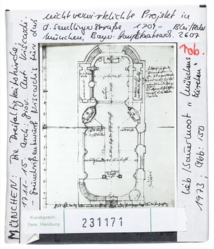 Vorschaubild München: Driefaltigkeitskirche, Grundrissentwurf von Viscardi für nicht verwirklichtes Projekt in Sendlingerstrasse, 1709 